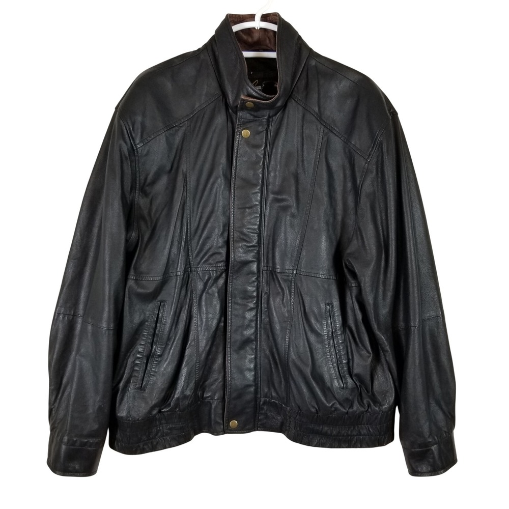 Scully Mens Black Genuine Leather Bomber Jacket Brown Trim XL Zip Front Snap XL